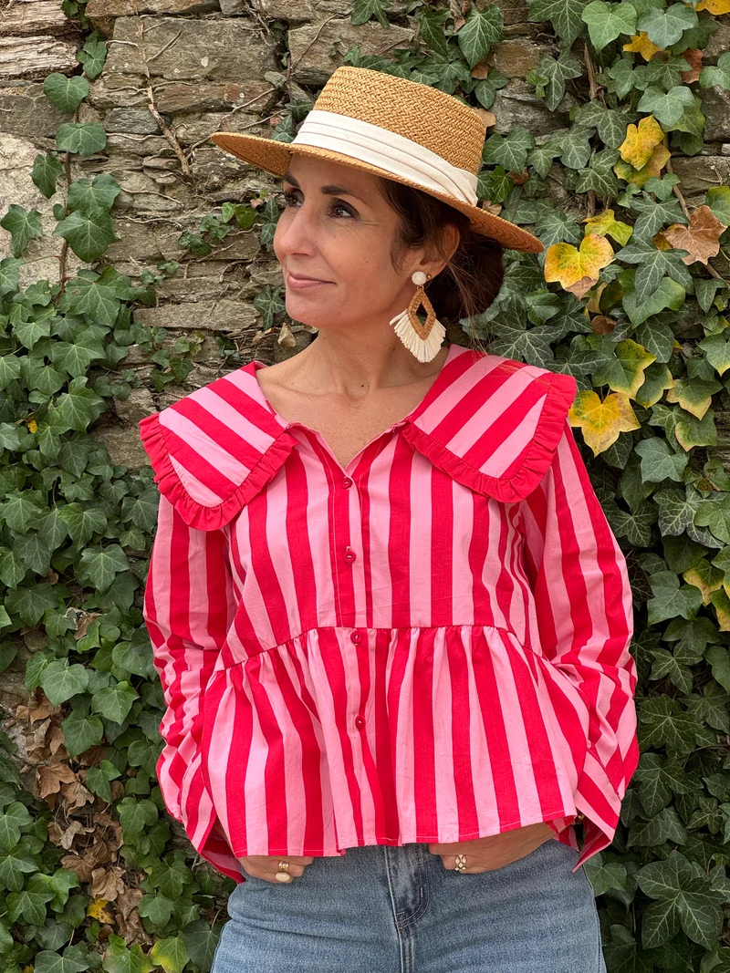 Chemise rayures rouges col claudine froufrou SIDONIE