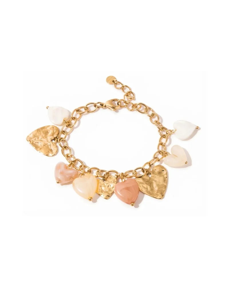 Bracelet breloques cœurs dorés martelés cœurs nacrés roses blancs acier inoxydable