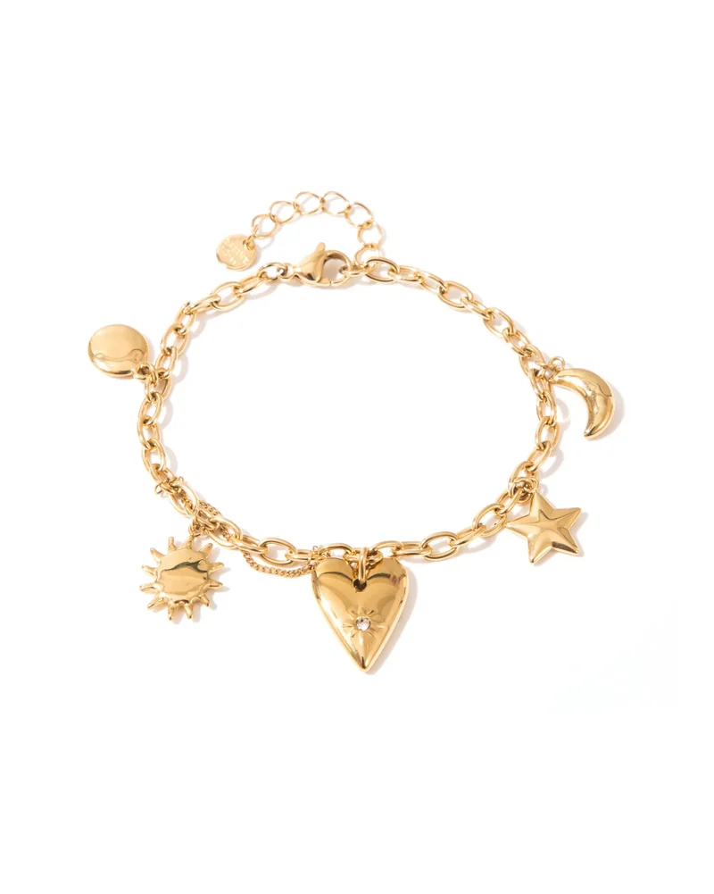 Bracelet breloques cœur, soleil, étoile lune doré acier inoxydable