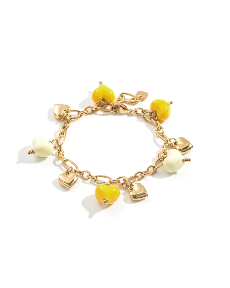 Bracelet breloques cœurs dorés cœurs perlés jaunes blancs acier inoxydable