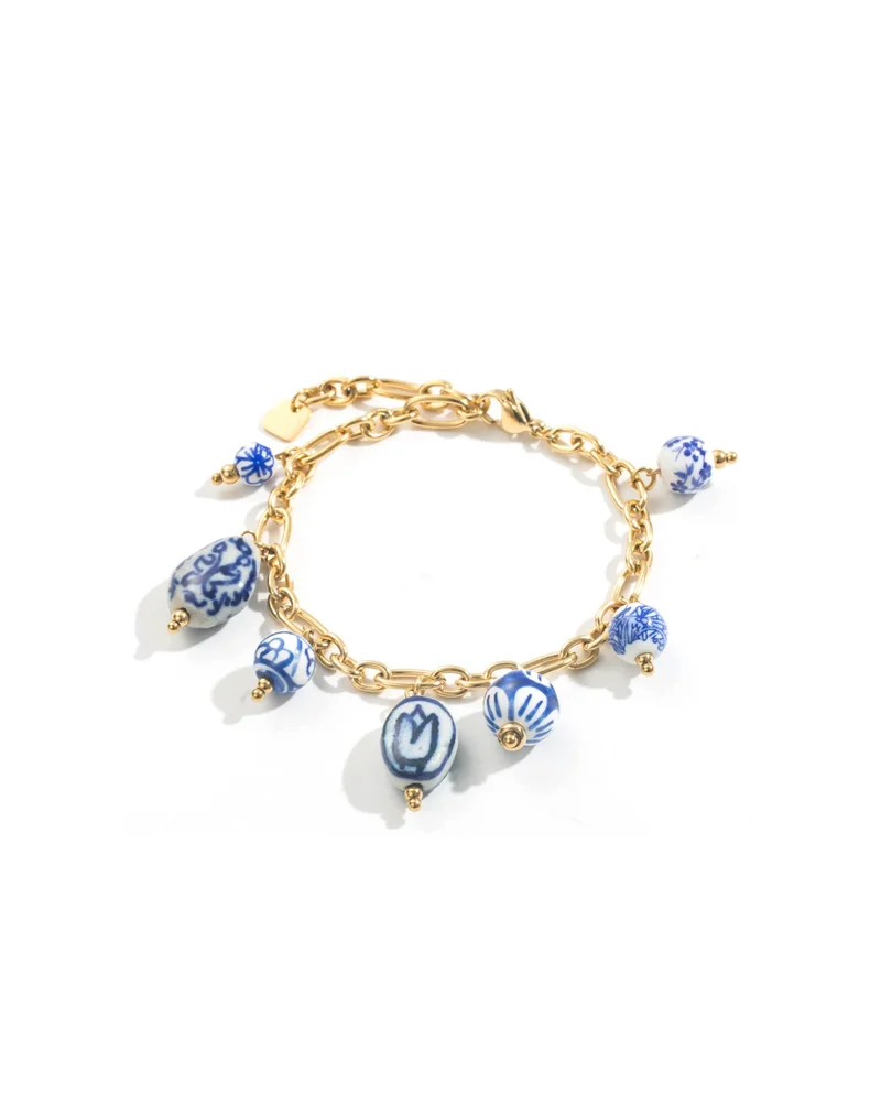 Bracelet perles blanches bleus céramique doré acier inoxydable