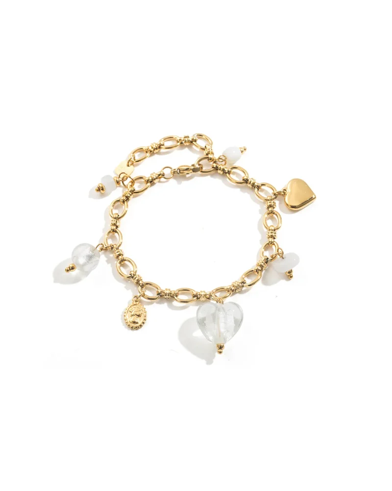 Bracelet breloques cœurs, perles blanches doré acier inoxydable