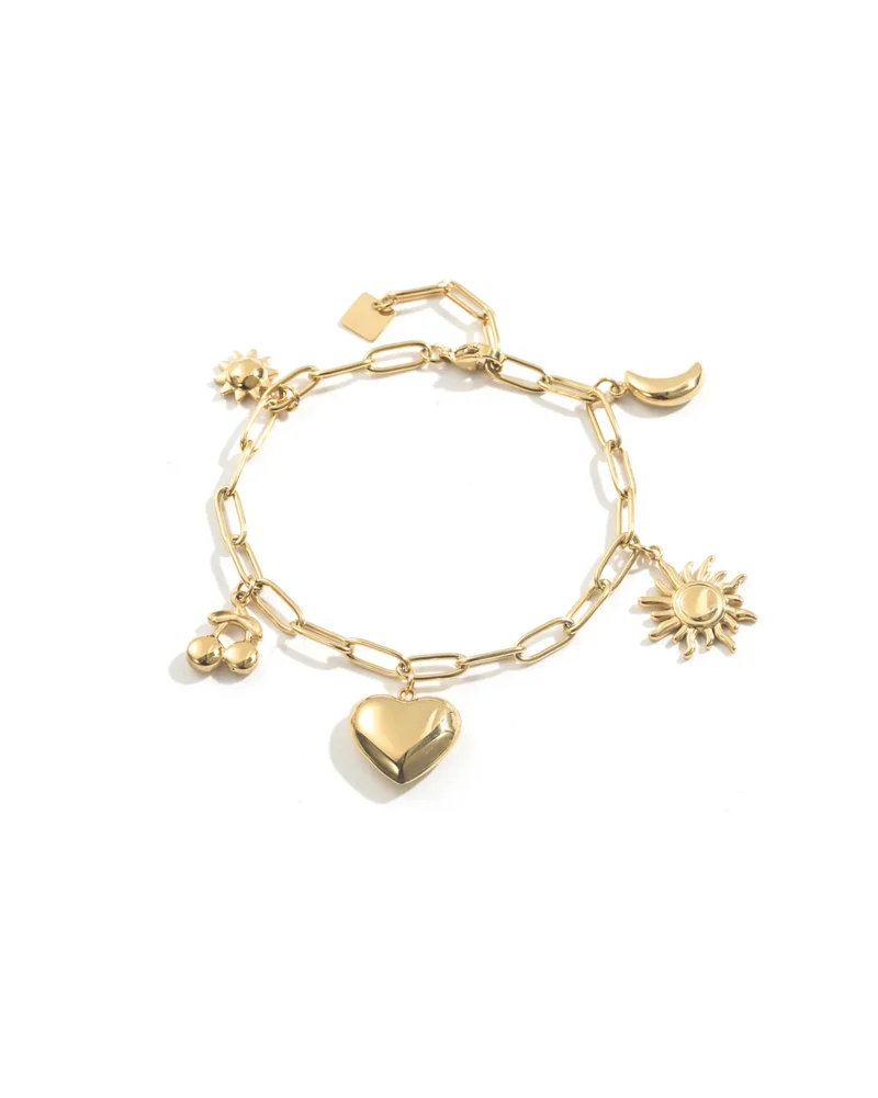 Bracelet breloques cœur, soleil, lune et cerises doré acier inoxydable