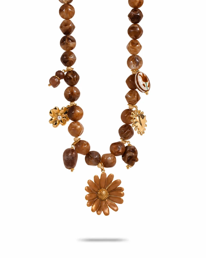 Collier marron perles marbrées fleur acier inoxydable