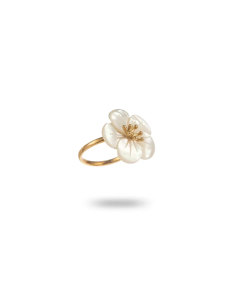 Bague fleur nacrée et dorée en acier inoxydable