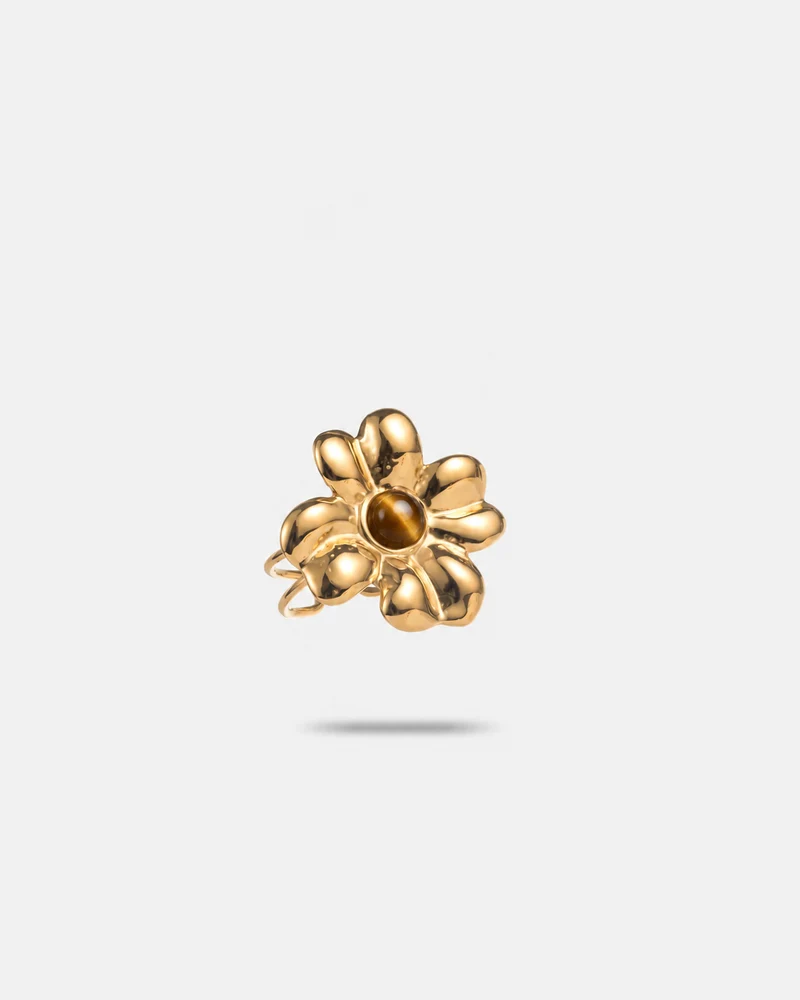 Bague œil de tigre fleur dorée en acier inoxydable
