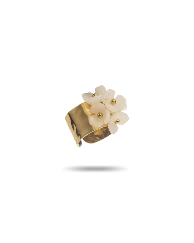 Bague dorée à fleurs blanches en acier inoxydable