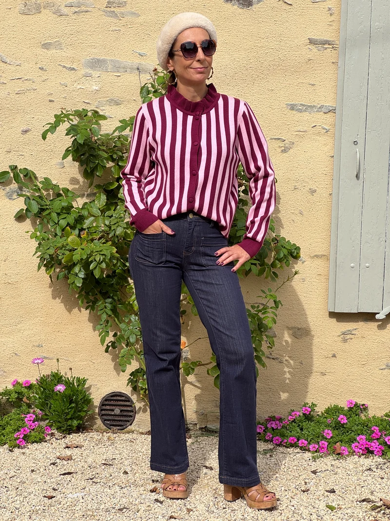 Gilet Bordeaux Rose rayures SOLEANE
