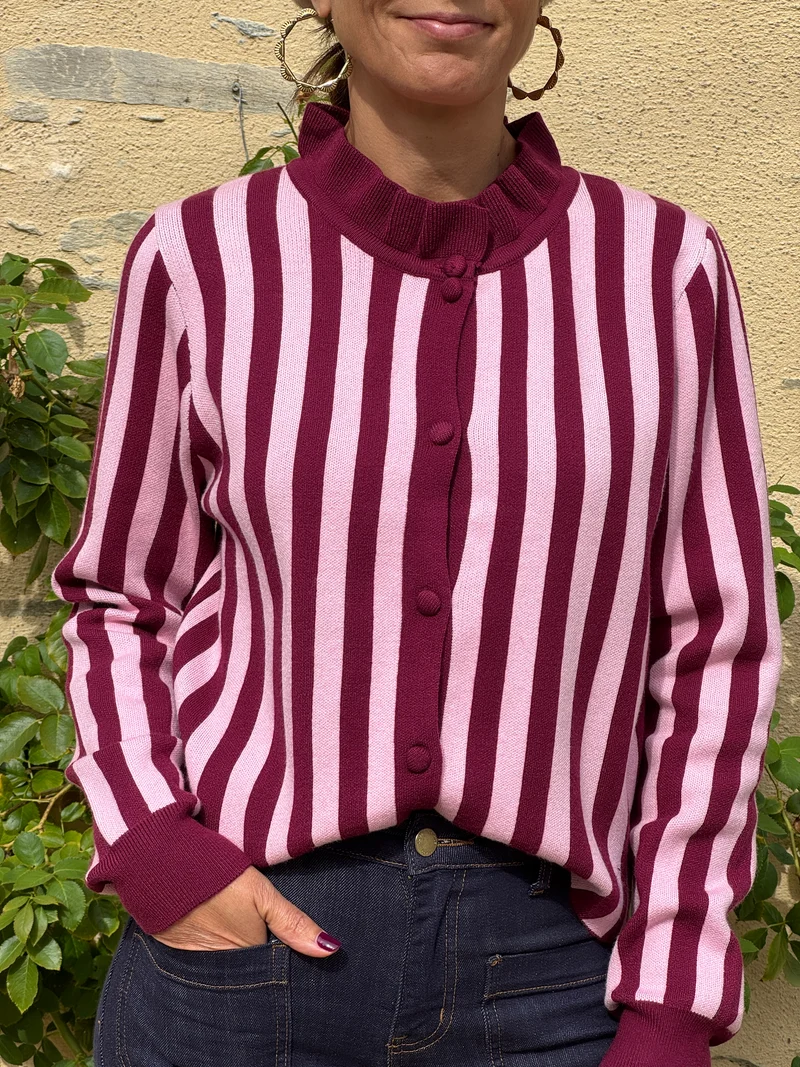 Gilet Bordeaux Rose rayures SOLEANE