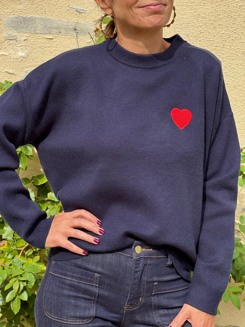 Pull cœur dentelle blanche ajourée dos marine CŒUR