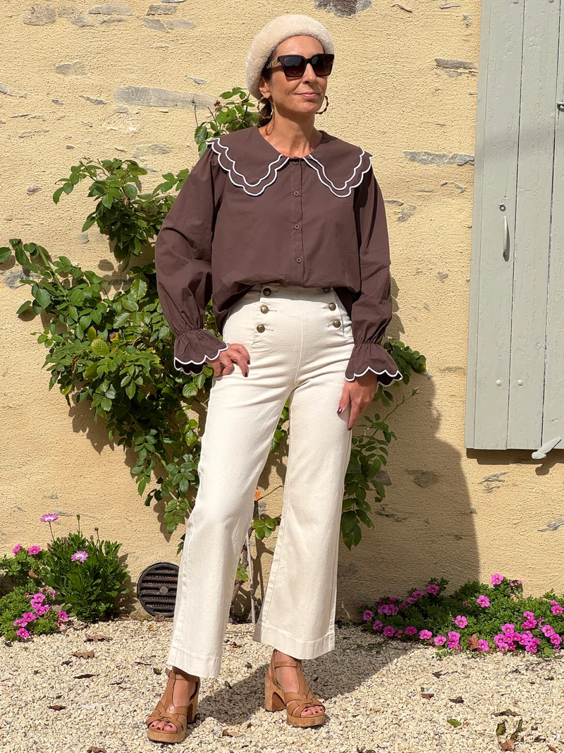 Chemise chocolat col claudine EILEEN