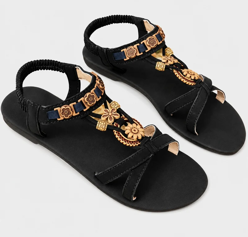 Women's Black Bohemian Flat Sandal with Elegant Gold Details