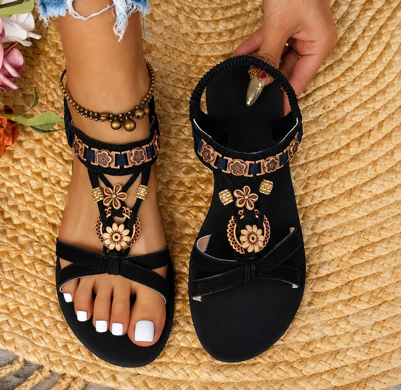 Women's Black Bohemian Flat Sandal with Elegant Gold Details