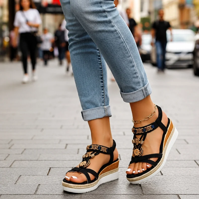 Elegant Women's Wedge Sandal with Gold Details
