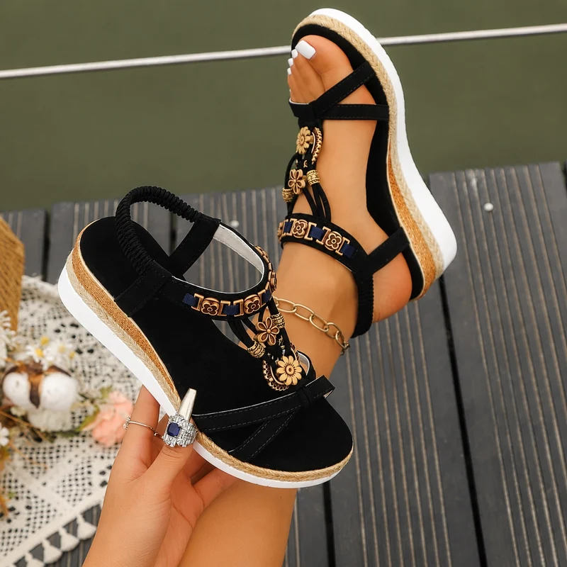 Elegant Women's Wedge Sandal with Gold Details