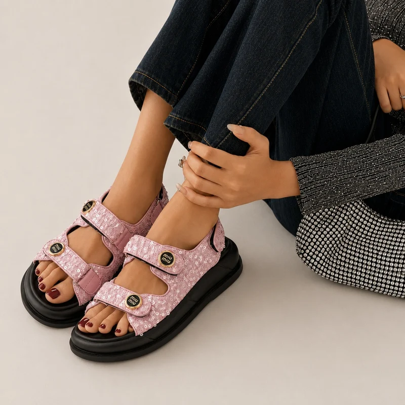 Genuine Leather Glitter Sandals with Velcro