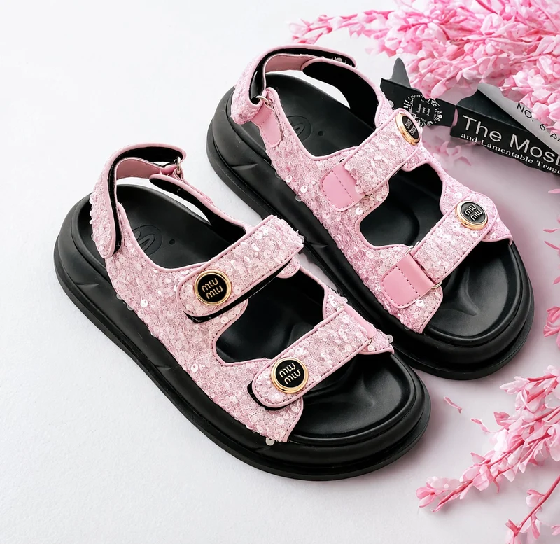 Genuine Leather Glitter Sandals with Velcro