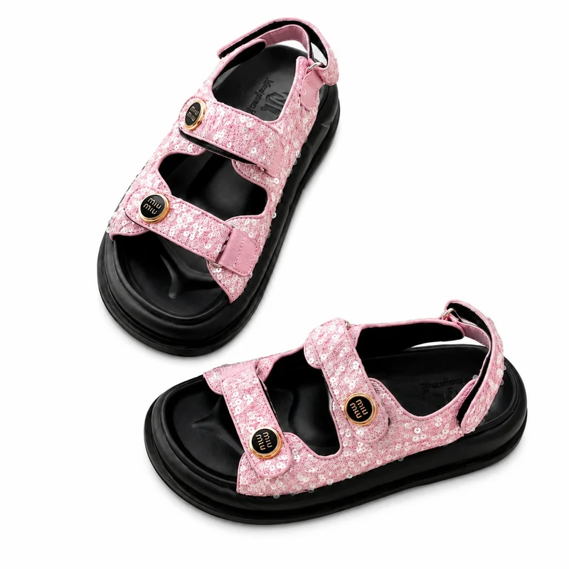 Genuine Leather Glitter Sandals with Velcro