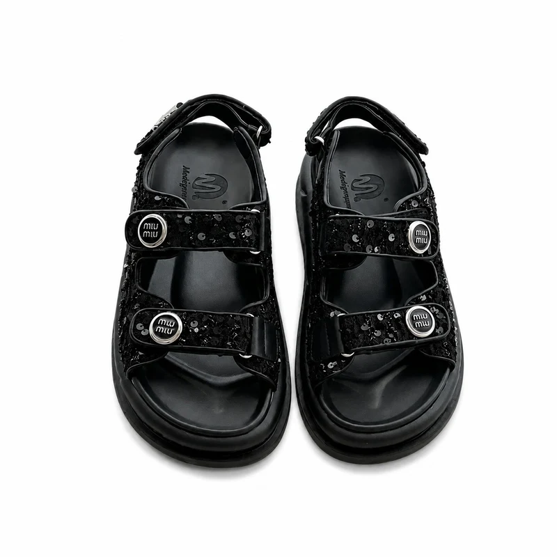 Genuine Leather Glitter Sandals with Velcro
