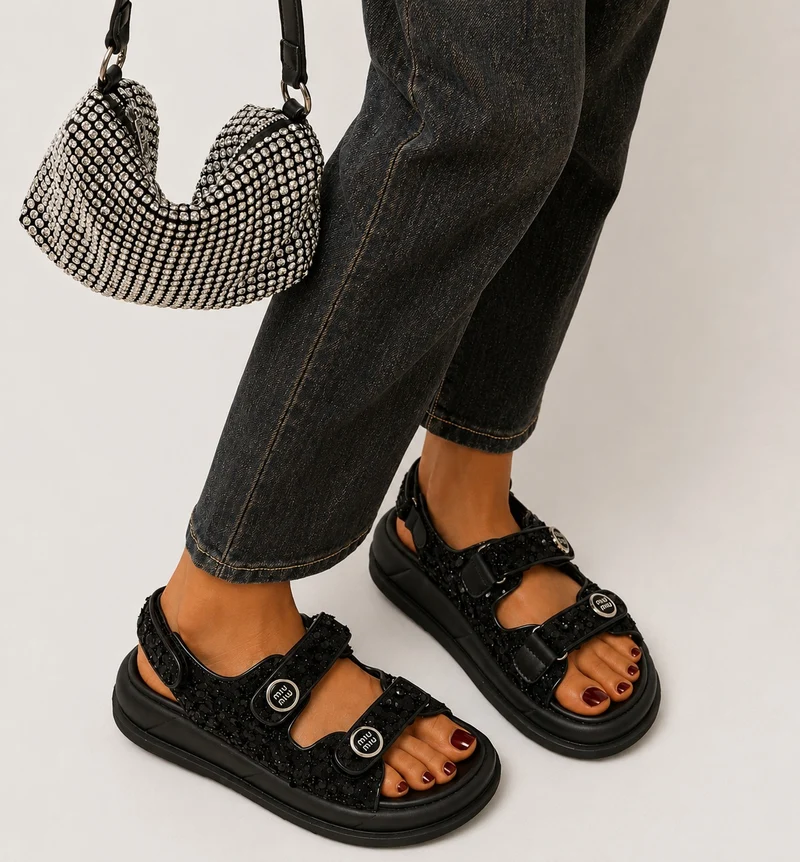 Genuine Leather Glitter Sandals with Velcro
