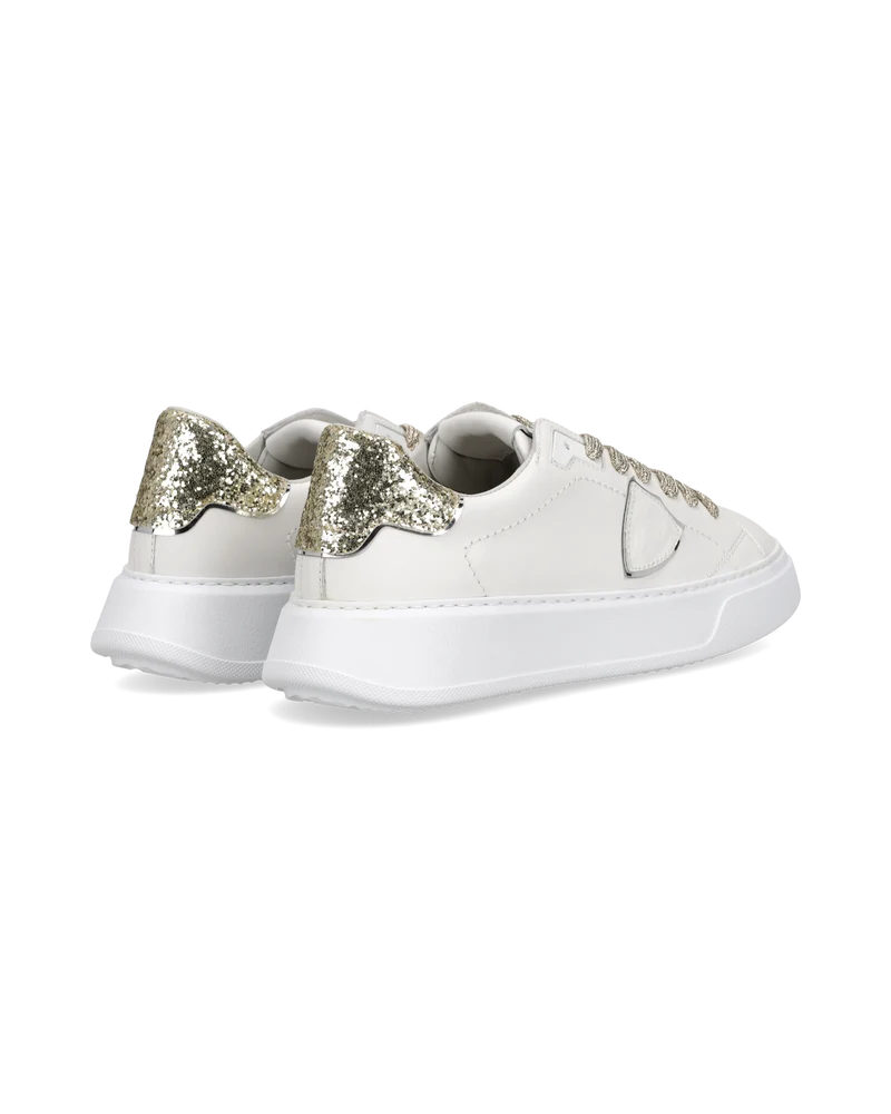 Sneakers Temple Women with Glitter Heel Tab, White Gold