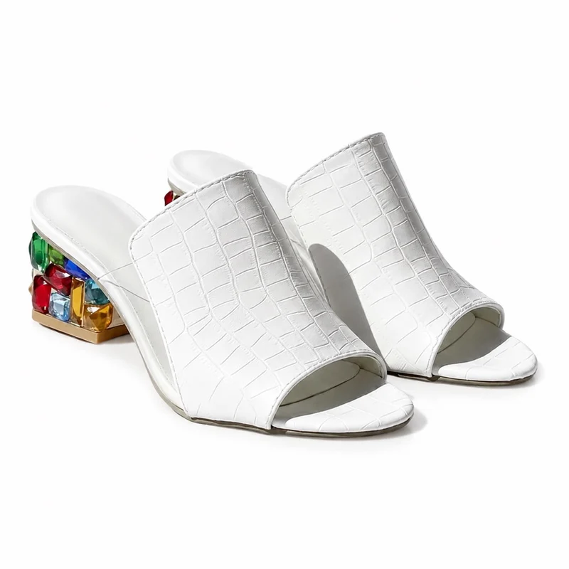 Square Heel Sandals with Colorful Crystal Embellishments