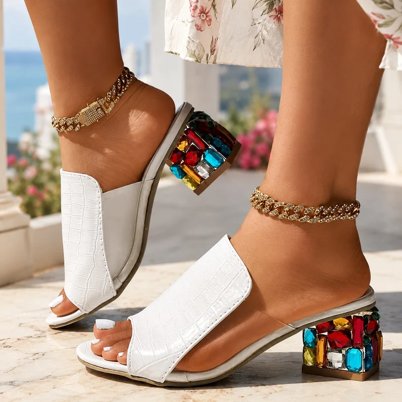 Square Heel Sandals with Colorful Crystal Embellishments