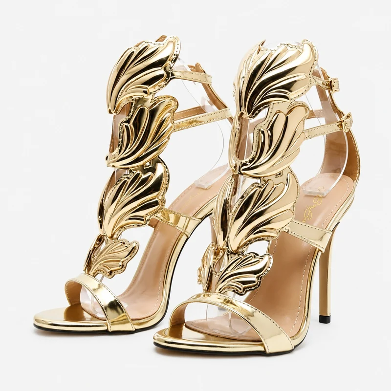 Gold High Heel Sandals with Sculpted Wing Details