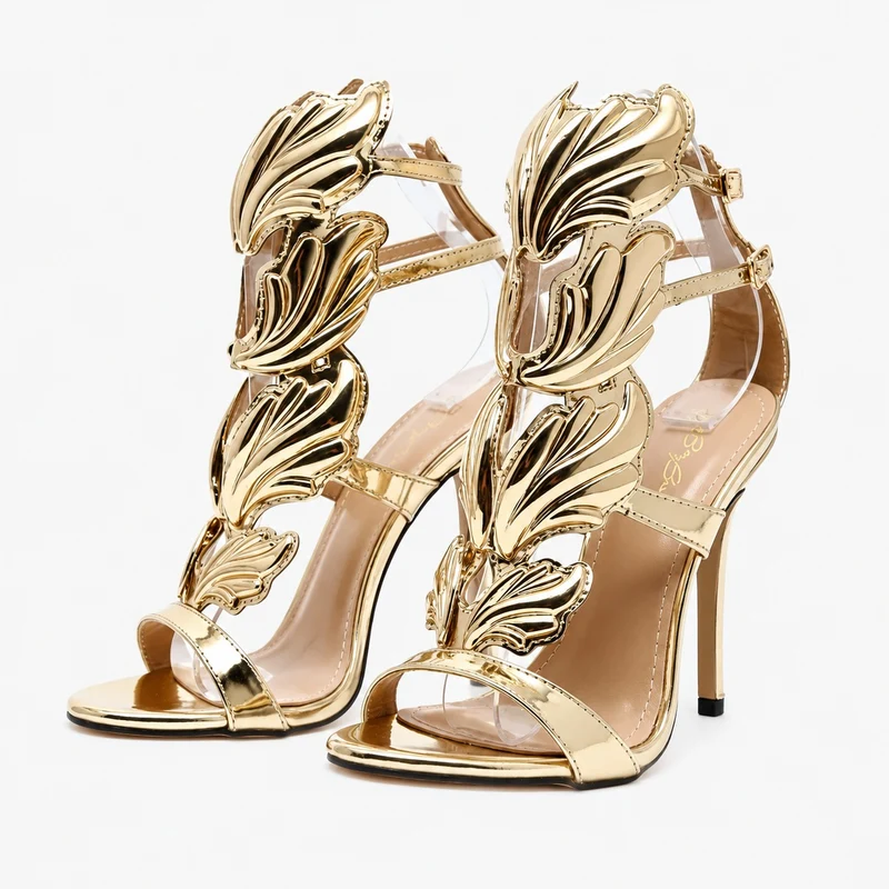 Gold High Heel Sandals with Sculpted Wing Details