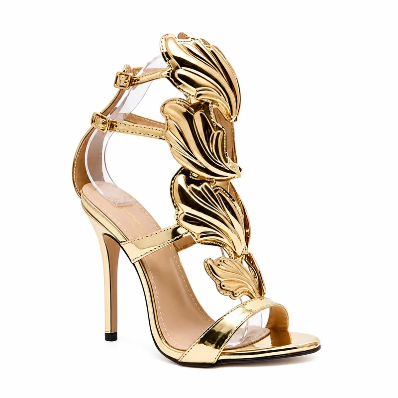 Gold High Heel Sandals with Sculpted Wing Details