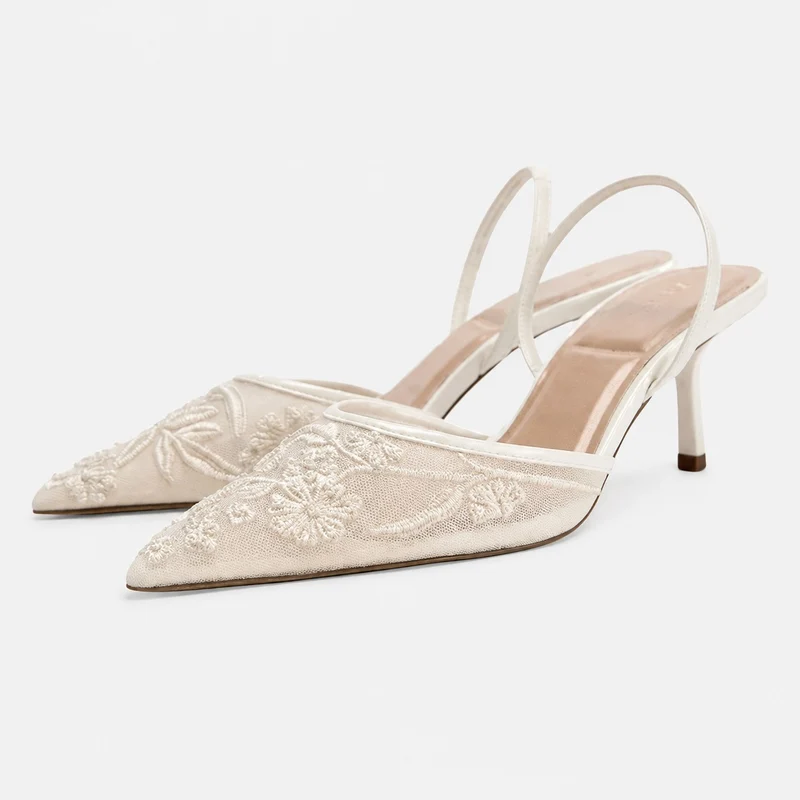 Embroidered White Heeled Sandals