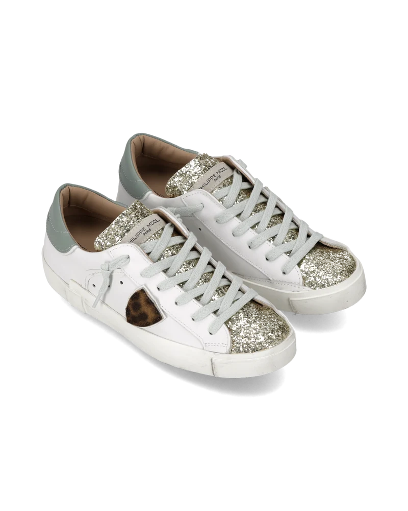 Sneakers Prsx Women with Animal-Print Shield, White Gold Avio