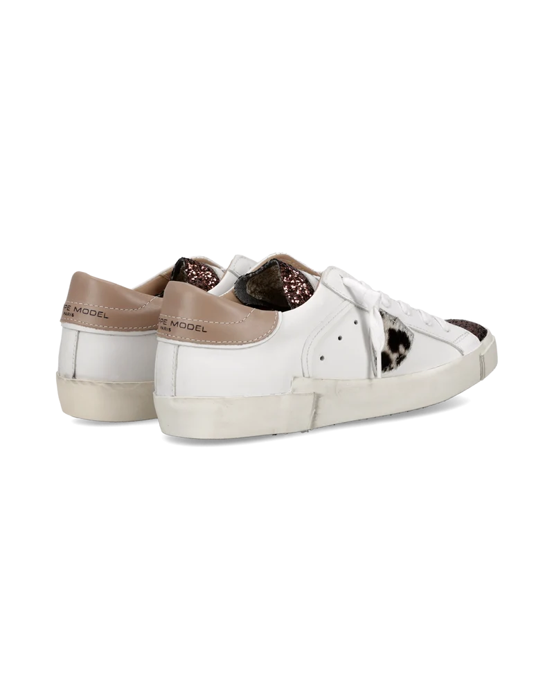 Sneakers Prsx Women with Animal-Print Shield, White Bronze Beige