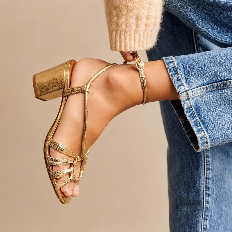 Gold Square Heel Sandals
