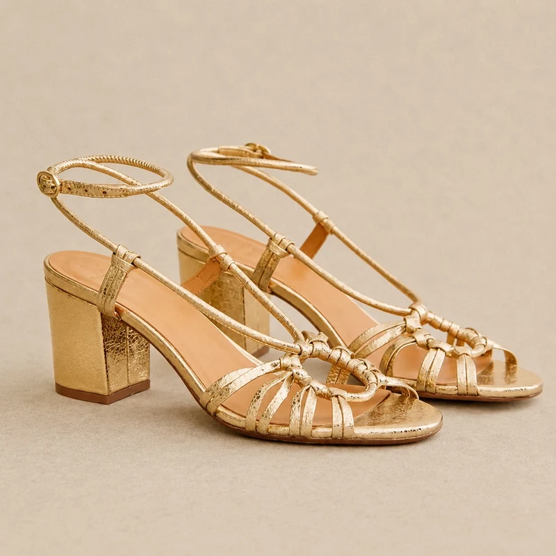 Gold Square Heel Sandals