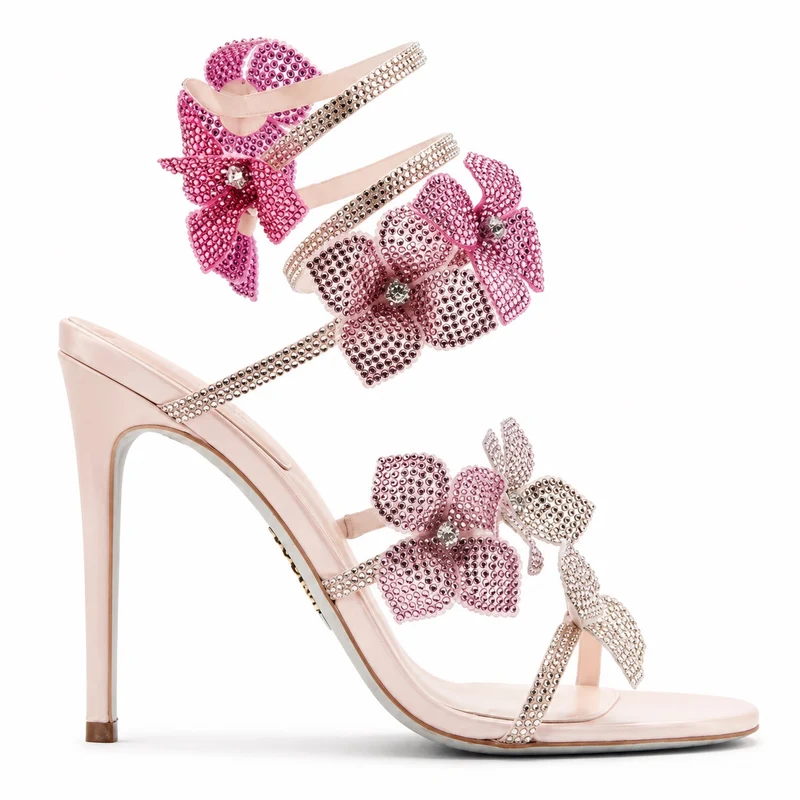 Crystal Flower Strap Heeled Sandals
