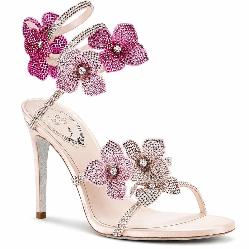Crystal Flower Strap Heeled Sandals