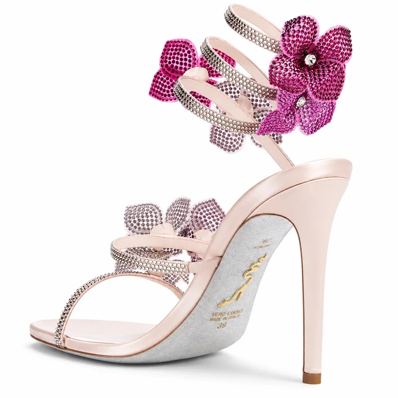 Crystal Flower Strap Heeled Sandals