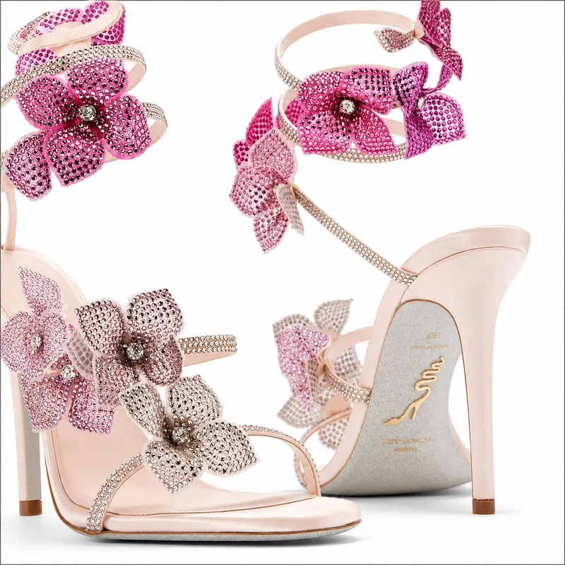 Crystal Flower Strap Heeled Sandals