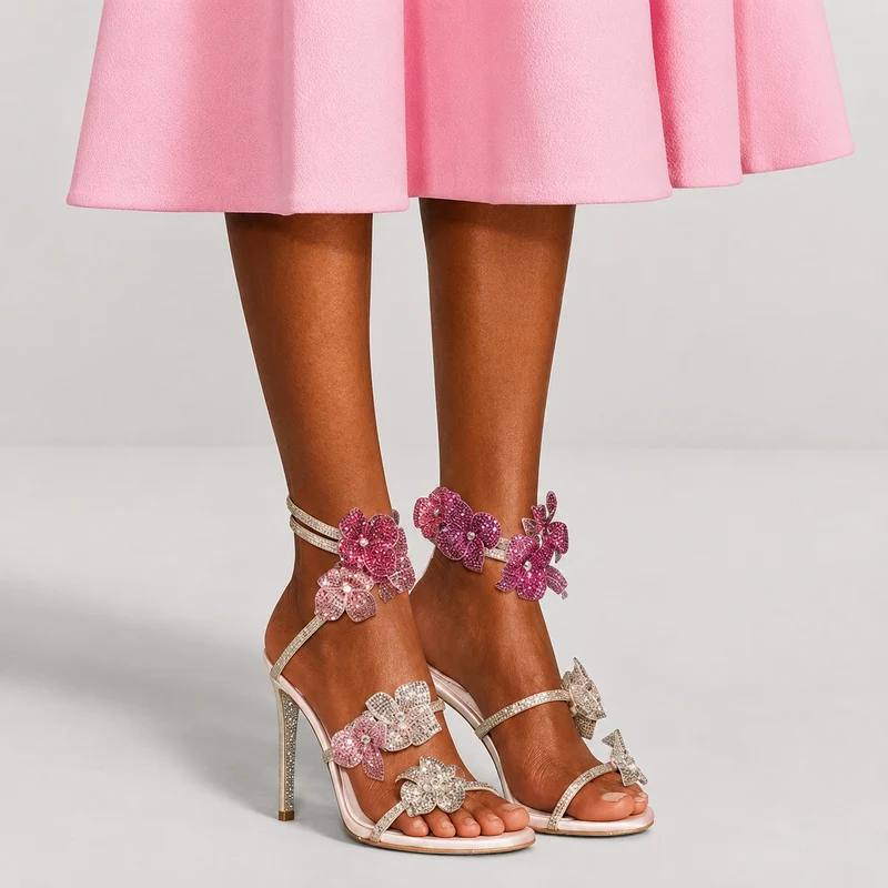 Crystal Flower Strap Heeled Sandals