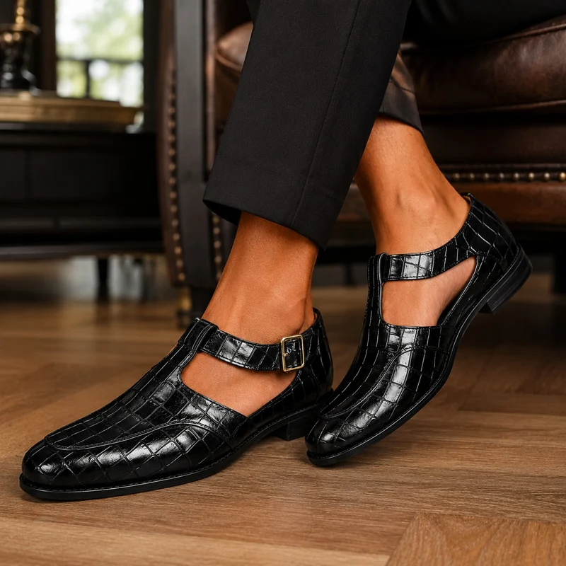 Crocodile Style Leather Men's Sandal