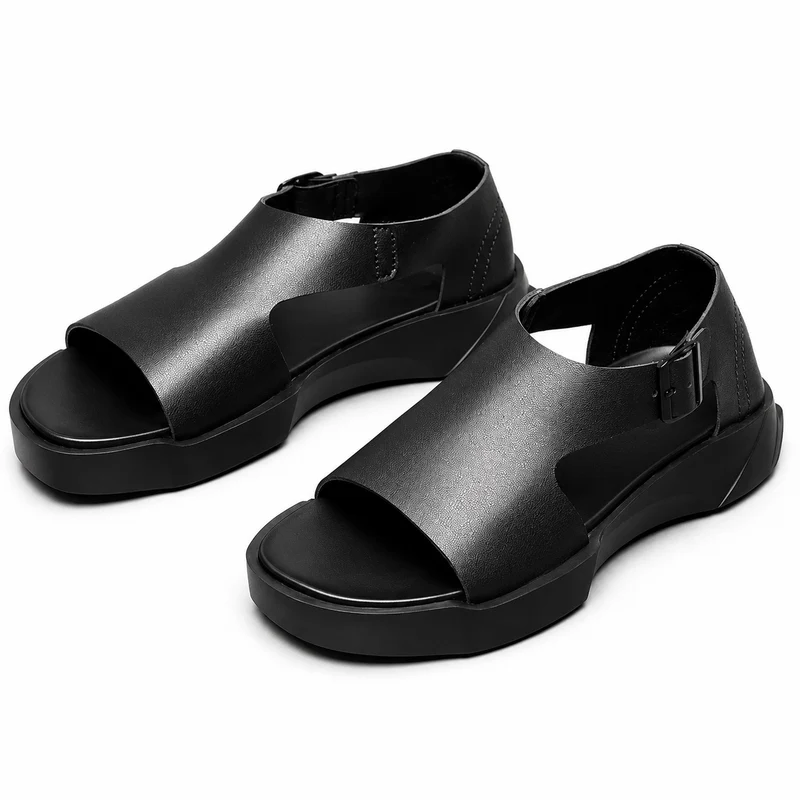 Black Men's Leather Sandal with Thick Sole