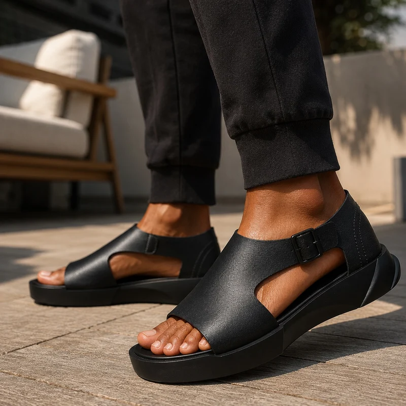 Black Men's Leather Sandal with Thick Sole