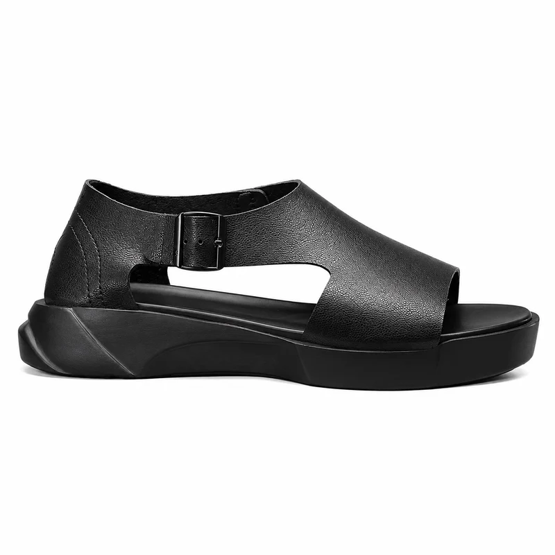 Black Men's Leather Sandal with Thick Sole