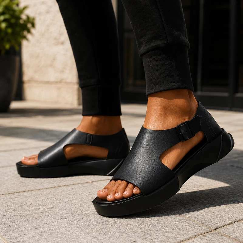 Black Men's Leather Sandal with Thick Sole