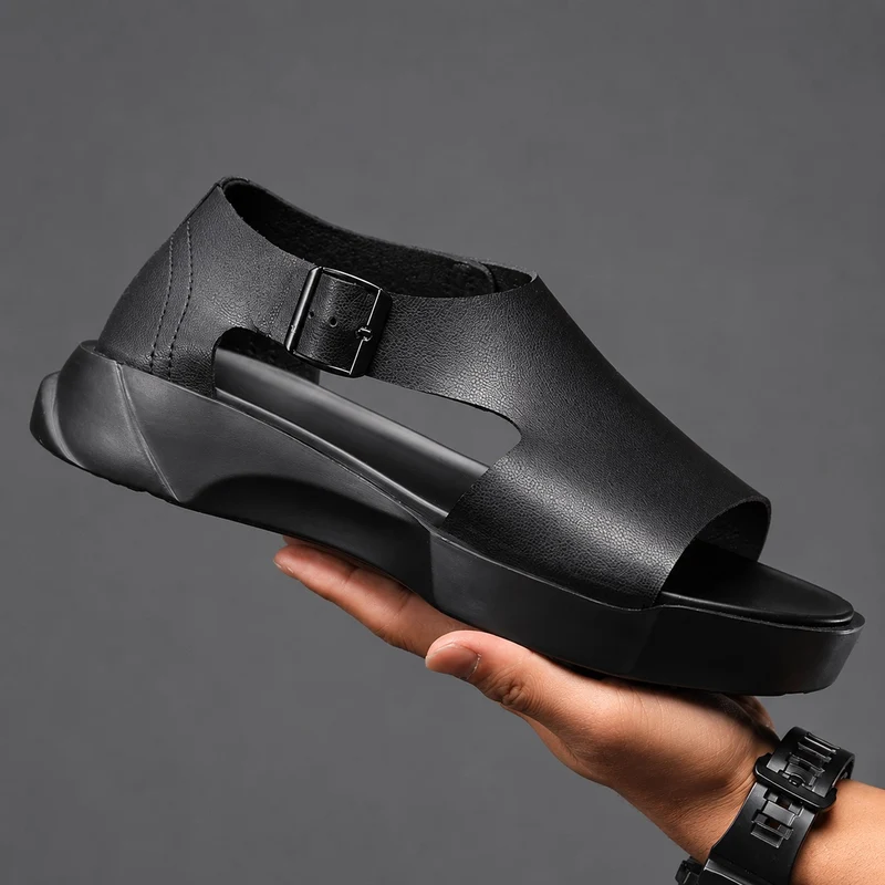 Black Men's Leather Sandal with Thick Sole
