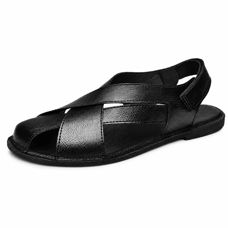 Men's Black Leather Sandals with Straps