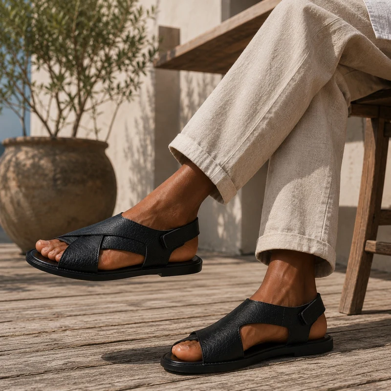 Men's Black Leather Sandals with Straps
