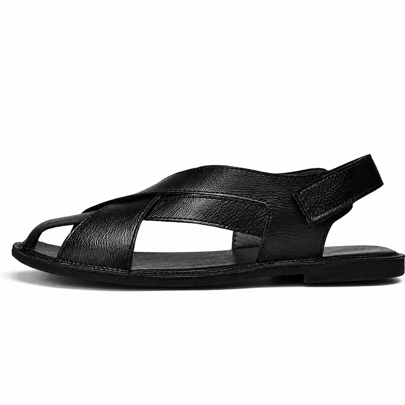 Men's Black Leather Sandals with Straps