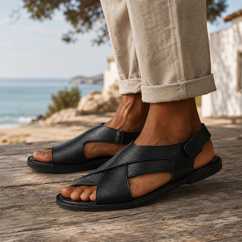 Men's Black Leather Sandals with Straps